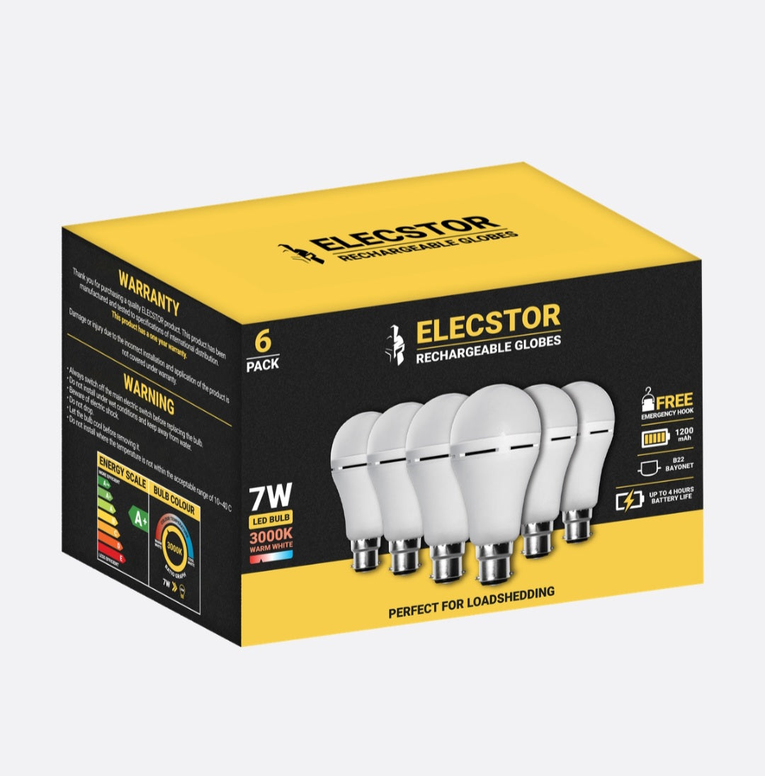 Elecstor 7W B22 Rechargeable & Dimmable Globe 1200mah - A60 Warm White 6 Pk