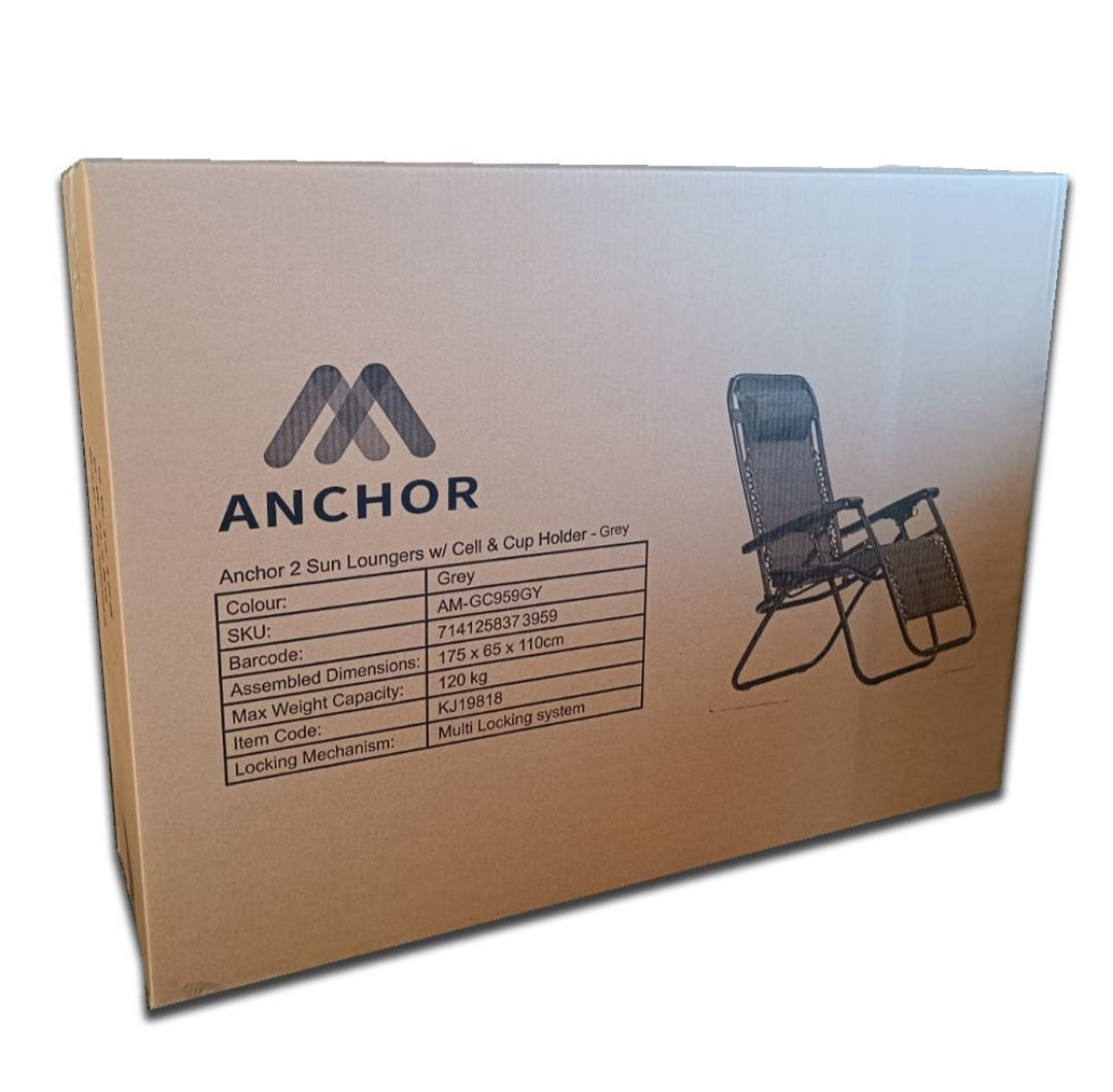 Anchor 2 Sun Lounger Zero Gravity Folding Chair w/ Cell Cup Holder - Grey