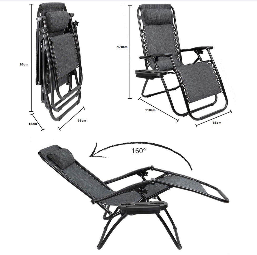 Anchor 2 Sun Lounger Zero Gravity Folding Chair w/ Cell Cup Holder - Grey