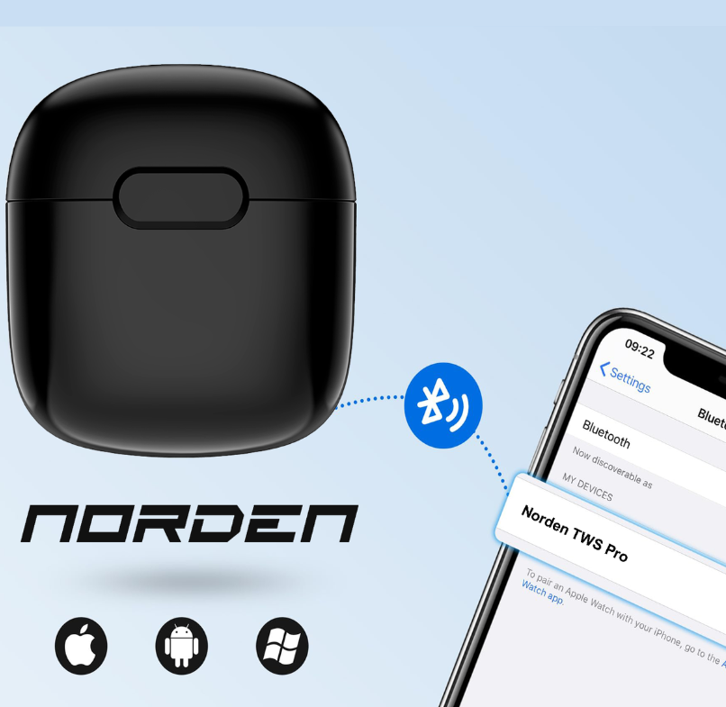 Norden Pro TWS Wireless Earphones, Bluetooth 5.0 Earbuds & Charging Case - Black