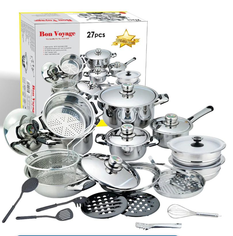 Bon Voyage - 27 Pieces stainless steel cookware Heavy Bottom Pots Set