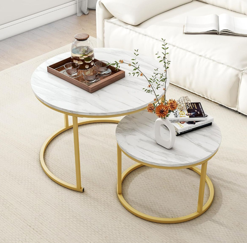 Round Coffee Table Nesting Coffee End Tables Stacking Side Tables - Set of 2