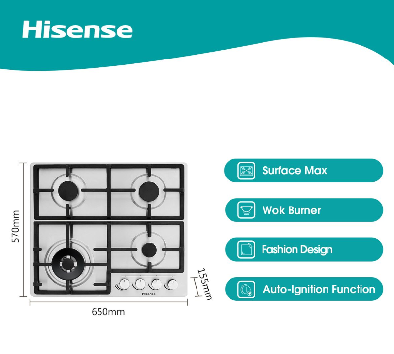 Hisense 60cm 4 Burner Gas Hob -Stainless Steel