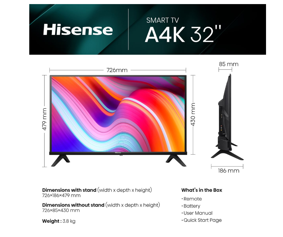 Hisense 32" A4K HD Smart LED TV with Dolby Digital & Digital Tuner