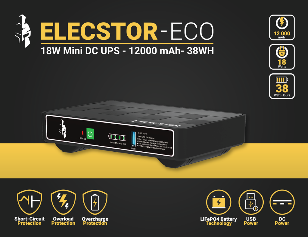 Elecstor ECO 18W 38WH LiFeP04 Mini DC UPS or Portable power bank