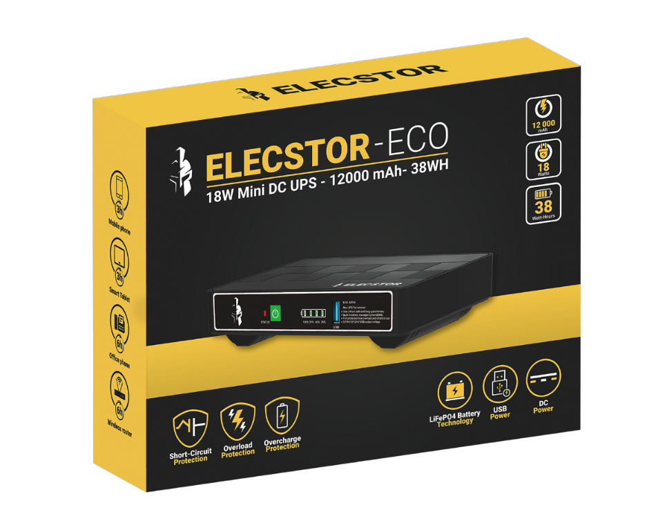 Elecstor ECO 18W 38WH LiFeP04 Mini DC UPS or Portable power bank