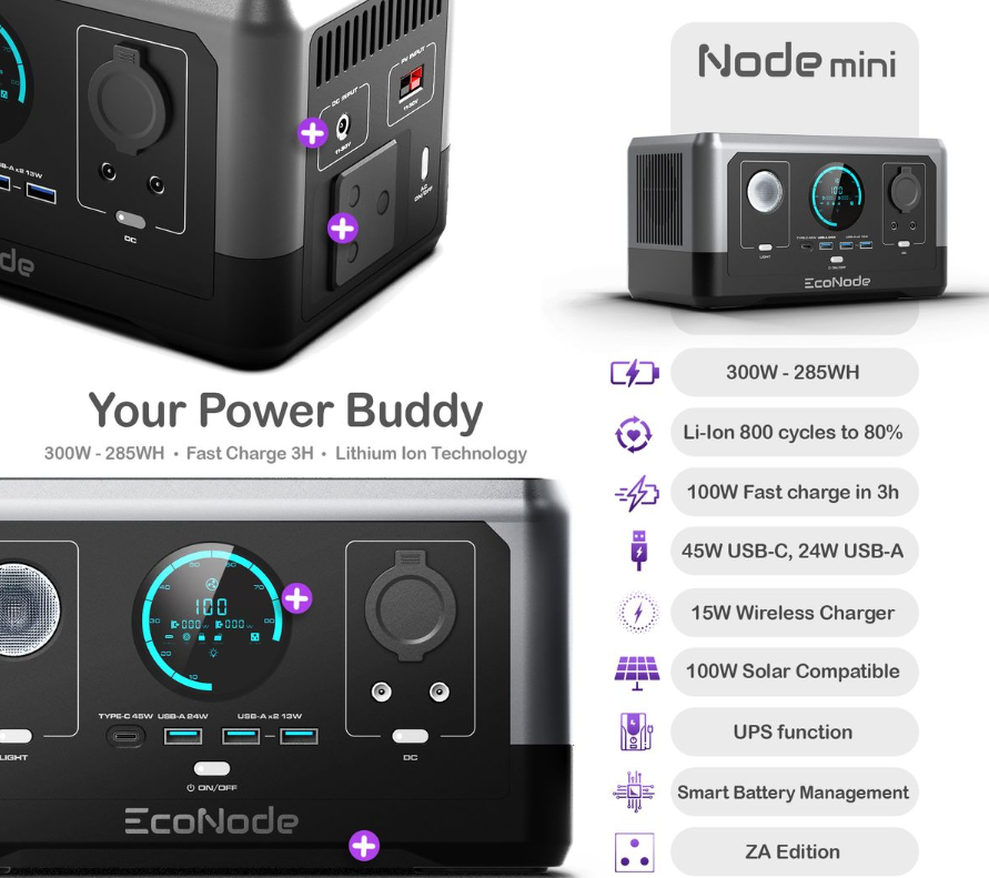 EcoNode Nodemini -300W/600W 285WH Portable Power Station -Home UPS Inverter