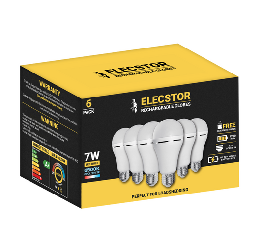 Elecstor 7W E27 Rechargeable & Dimmable Globe 1200mah - A60 Cool White 6 Pk