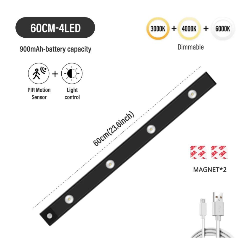 Motion Sensor Light 3 Colour, Dimmable Cat Eye Rechargeable Light Bar -60cm - 3 Pack