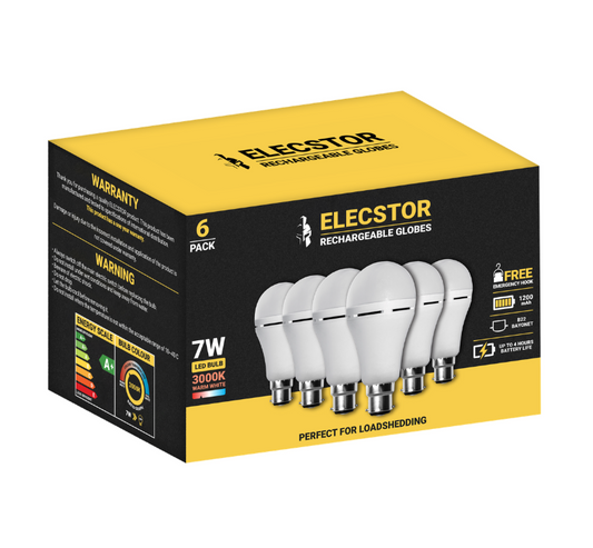 Elecstor 7W B22 Rechargeable & Dimmable Globe 1200mah - A60 Warm White 6 Pk