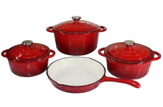 7 Piece Authentic Cast Iron Dutch Oven Cookware Pot Set - Red