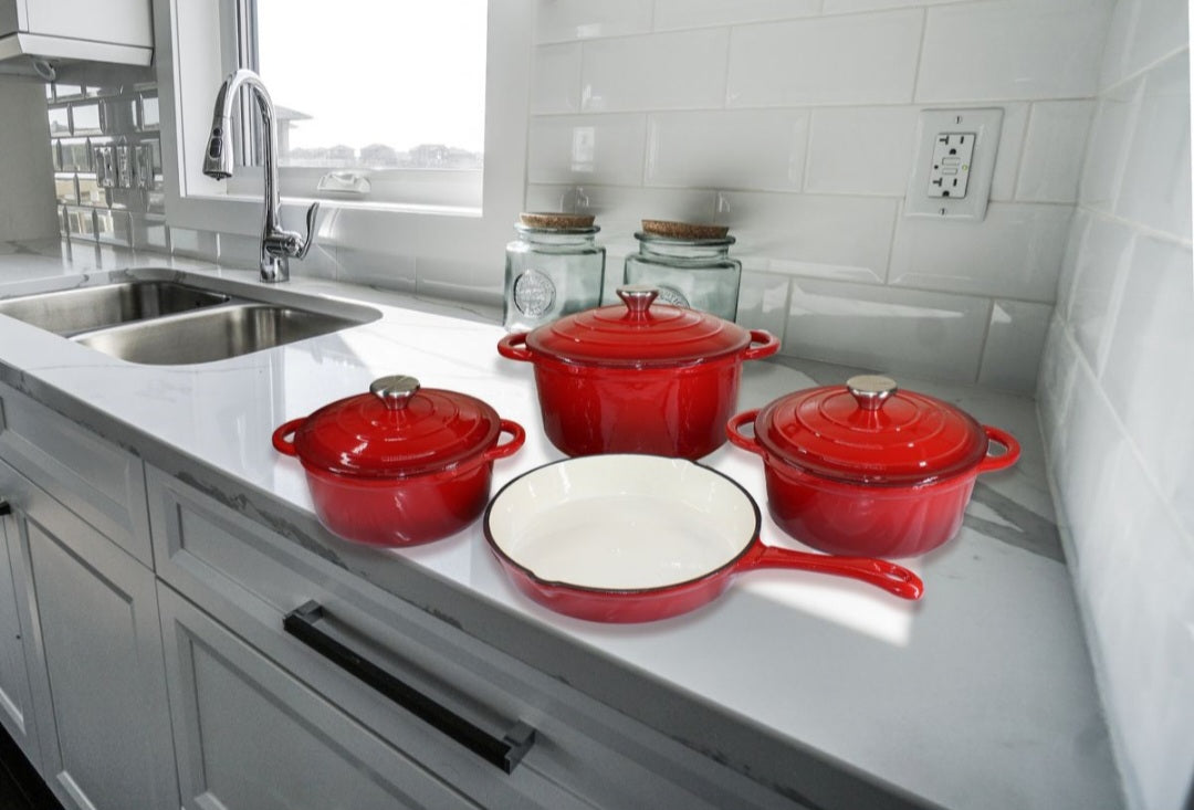 7 Piece Authentic Cast Iron Dutch Oven Cookware Pot Set - Red