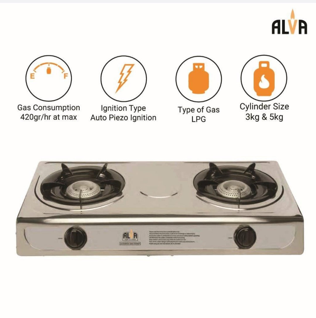 ALVA Double Burner LP Gas Stove | Stainless Steel Body | 2 Plate