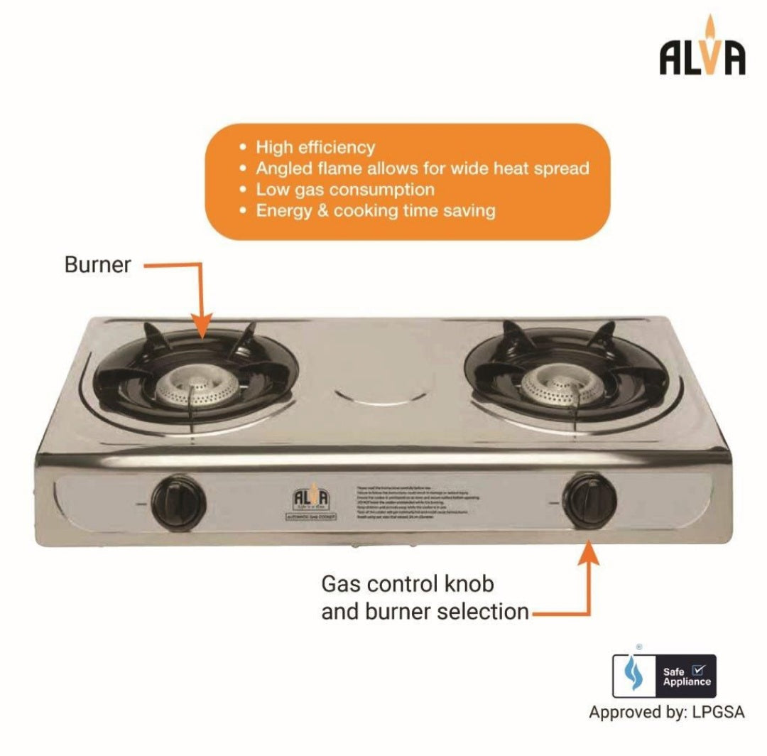 ALVA Double Burner LP Gas Stove | Stainless Steel Body | 2 Plate